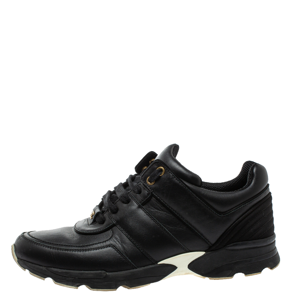 

Chanel Black Leather And Satin Athletic CC Lace Up Sneakers Size