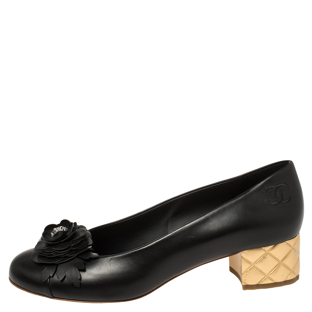 

Chanel Black Leather Camellia CC Block Heel Pumps Size