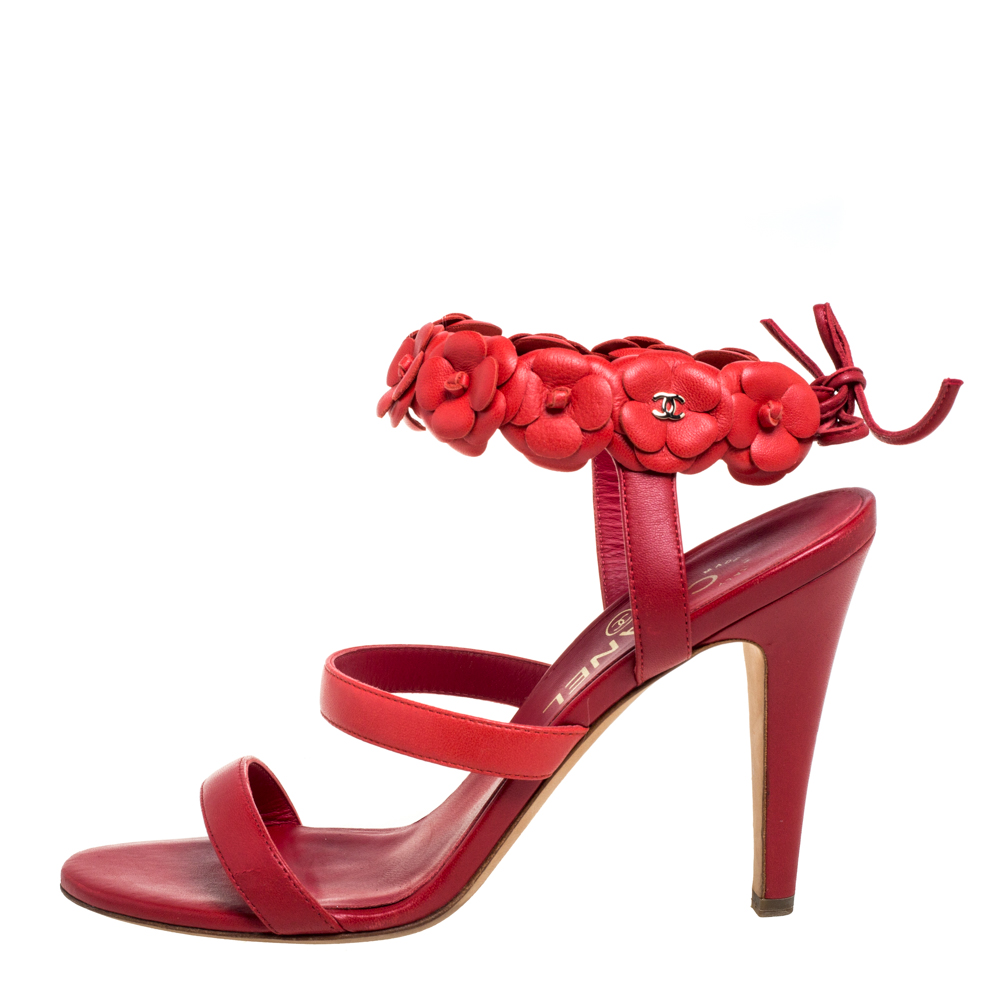 

Chanel Red Leather Camellia Ankle Strap Sandals Size