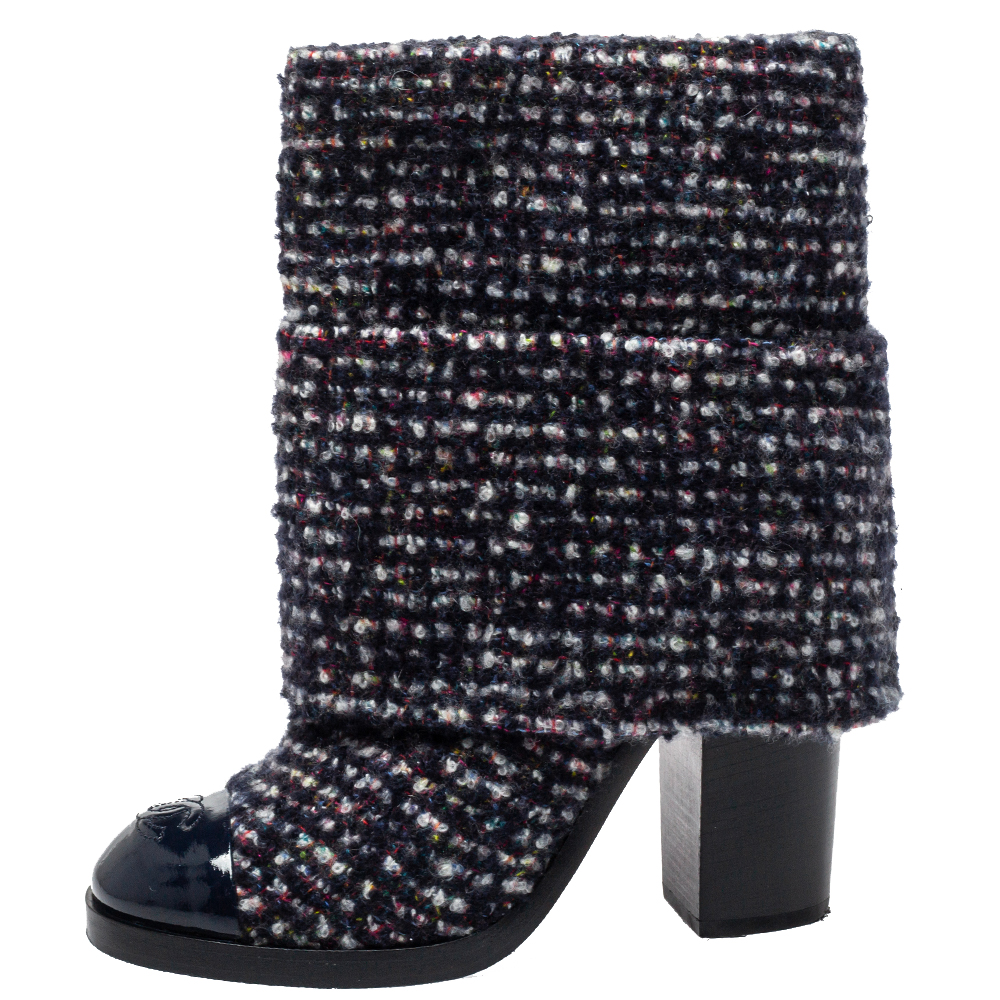

Chanel Blue Tweed And Patent Leather CC Cap Toe Ankle Boots Size