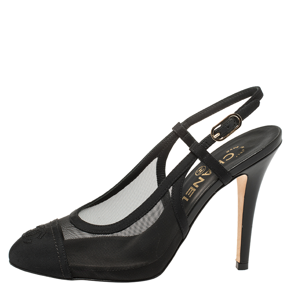 

Chanel Black Mesh And Fabric CC Cap Toe Slingback Sandals Size