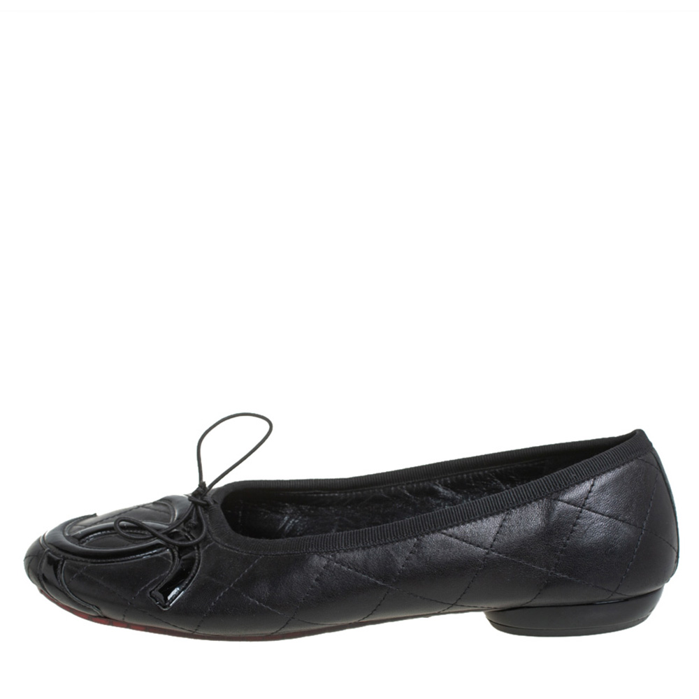 

Chanel Black Leather and Patent Leather CC Cambon Ballet Flats Size