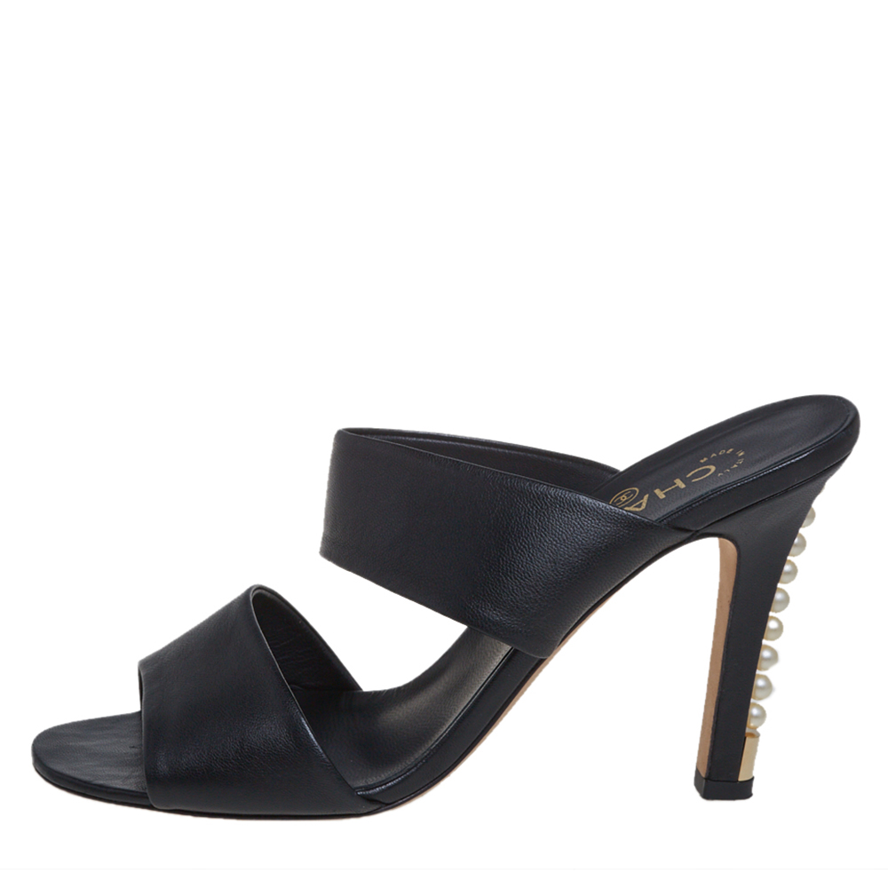 

Chanel Black Leather Pearl Heel Slide Sandals Size