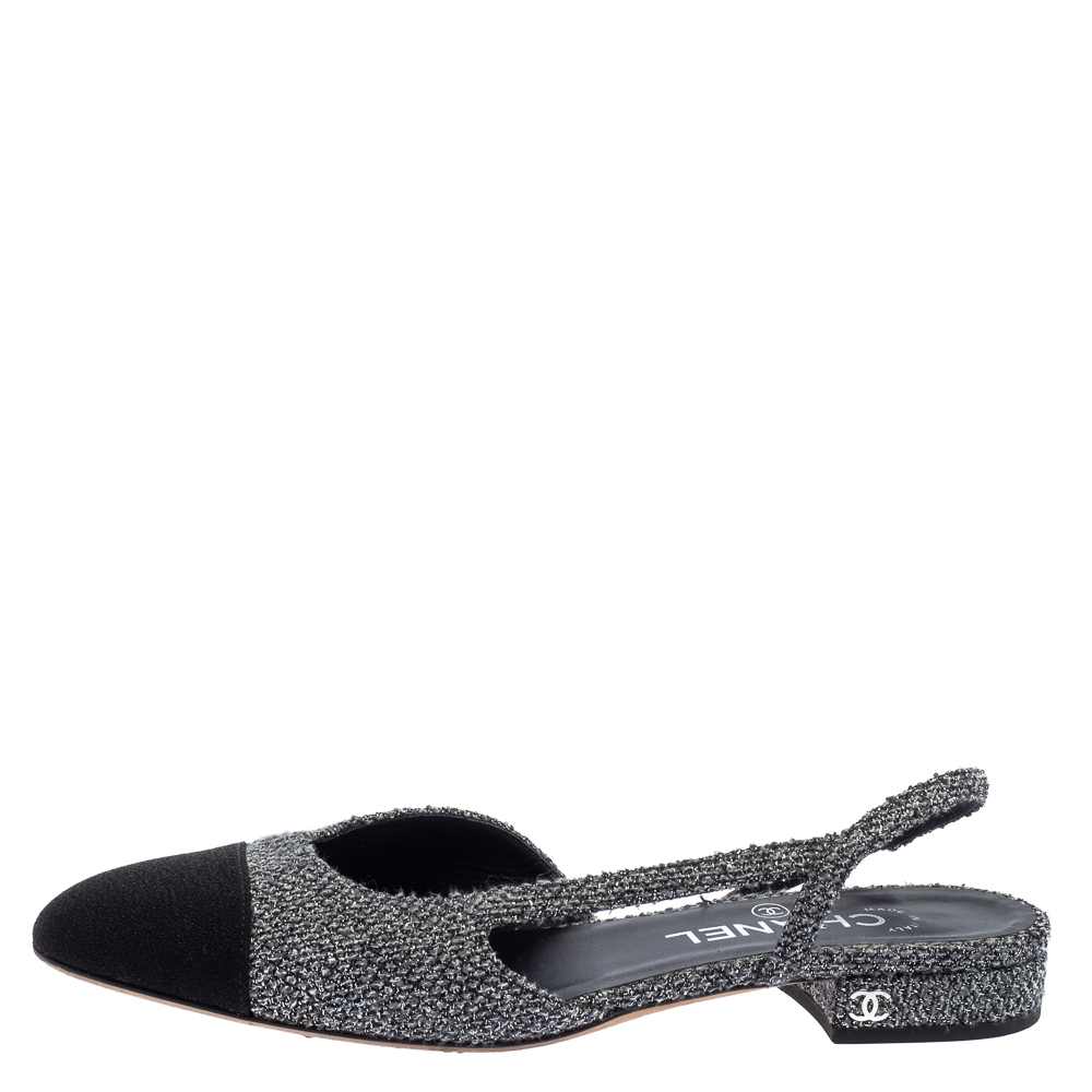 

Chanel Black/Grey Tweed And Fabric Cap Toe Slingback Flats Size