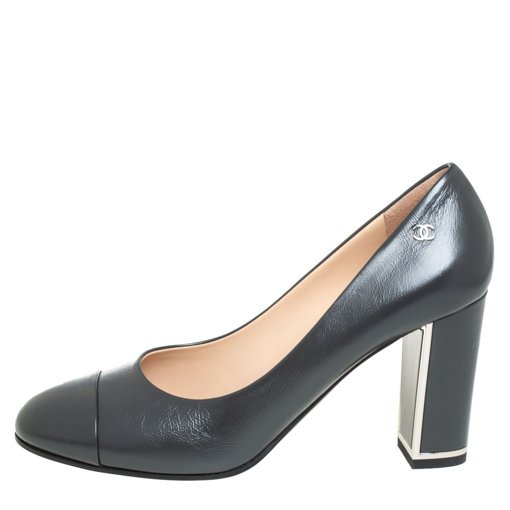 

Chanel Black Leather CC Cap Toe Block Heel Pumps Size