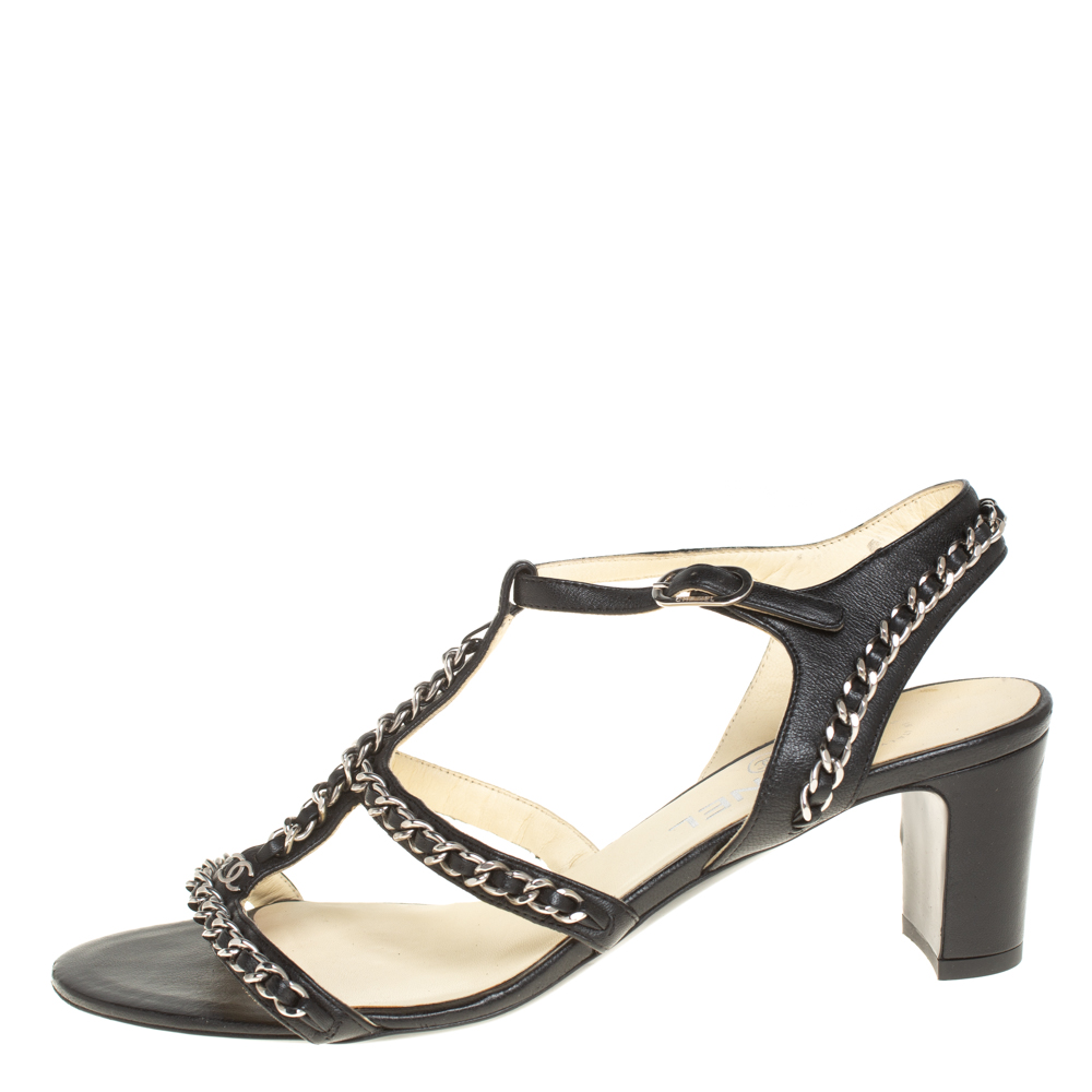 

Chanel Black Leather Chain Embellished Sandals Size