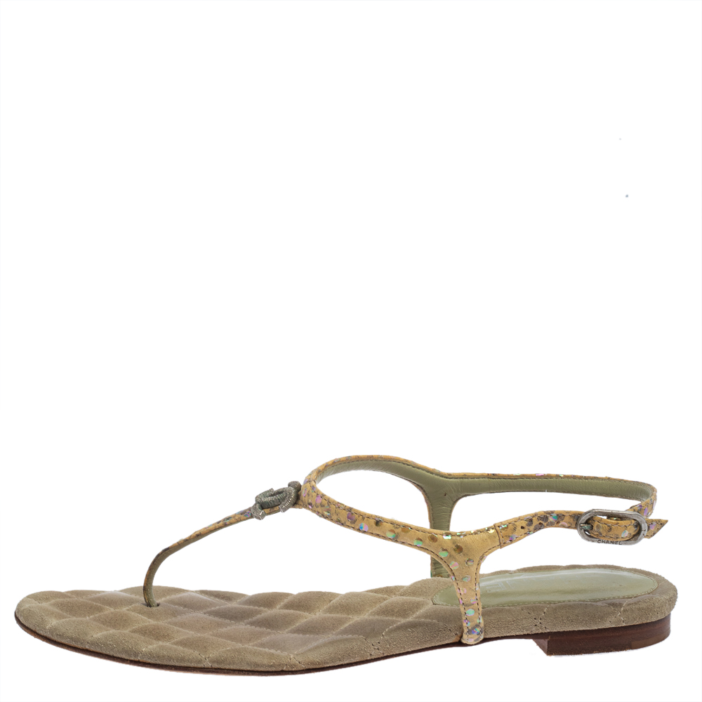 

Chanel Yellow Leather Gold CC T Strap Thong Flats Size