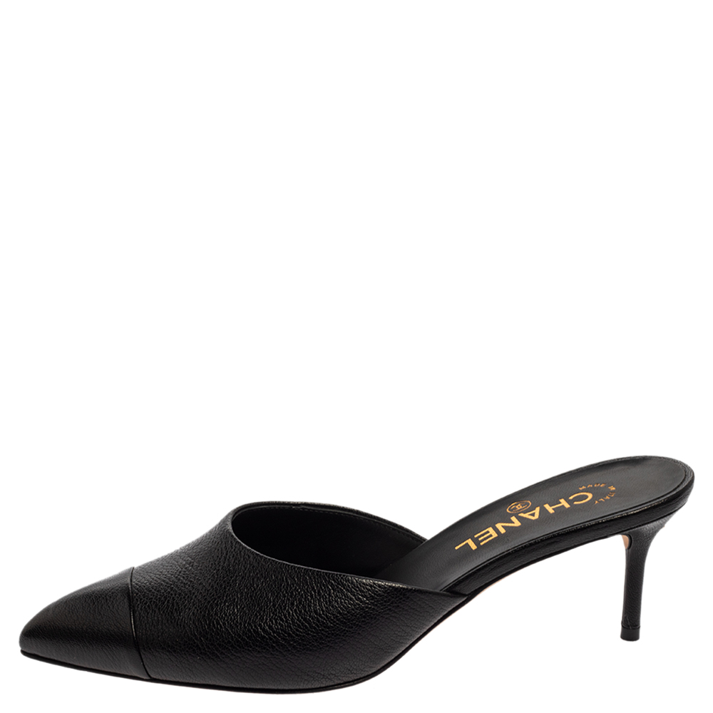 

Chanel Black Leather CC Heel Pointed Toe Mules Size