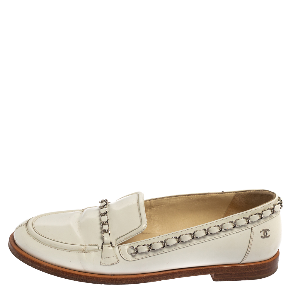 

Chanel White Patent Leather Chain Loafers Size