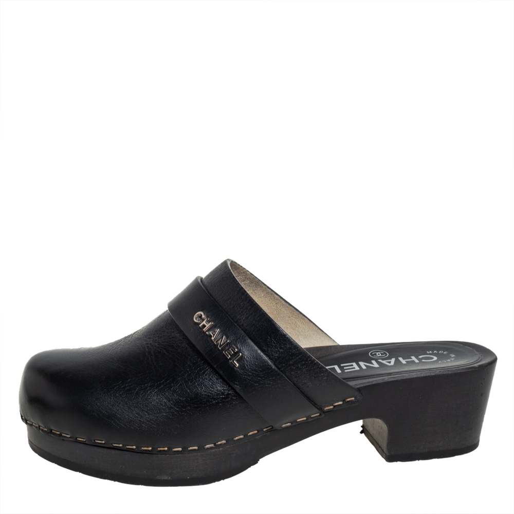 

Chanel Black Leather Wooden Clog Mule Sandals Size