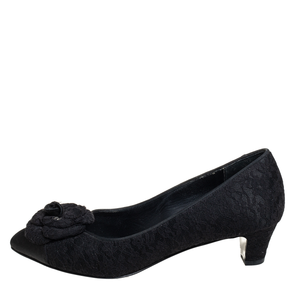 

Chanel Black Lace And Satin Camellia Flower Pumps Size