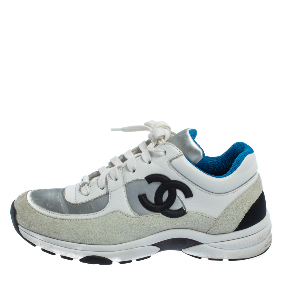 

Chanel White/Silver Leather And Polyamide CC Low Top Sneakers Size