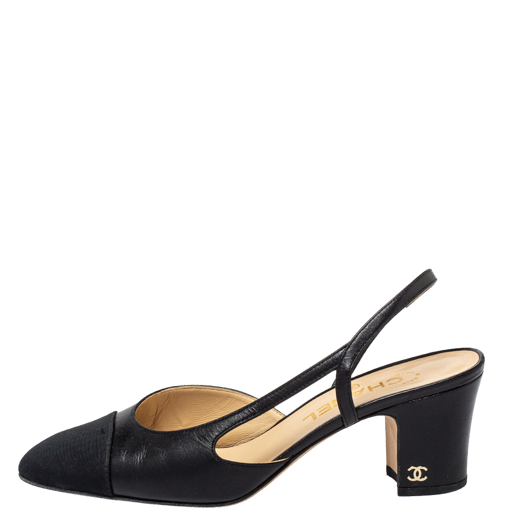 

Chanel Black Leather and Fabric Cap Toe Slingback Sandals Size