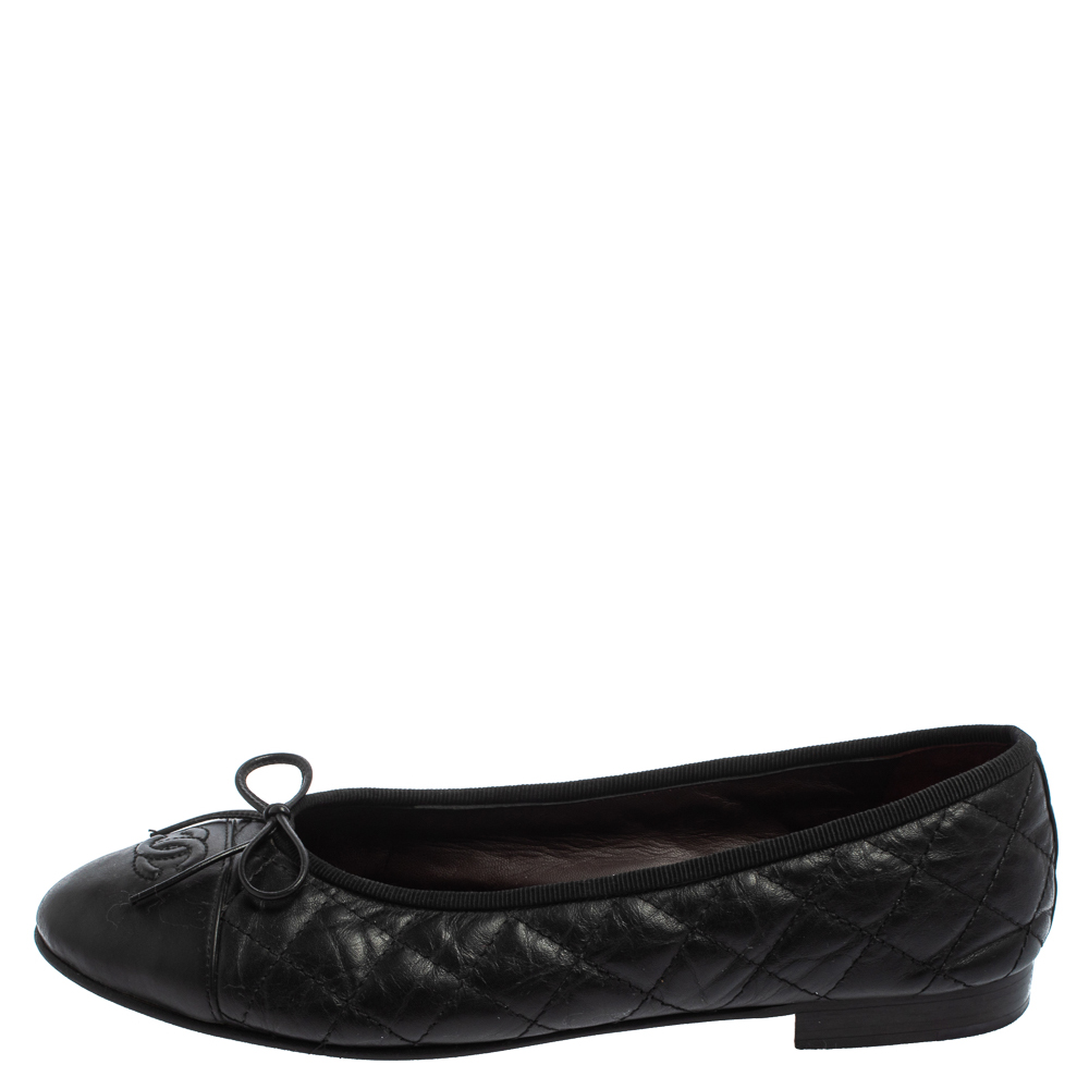 

Chanel Black Quilted Leather CC Bow Cap Toe Ballet Flats Size