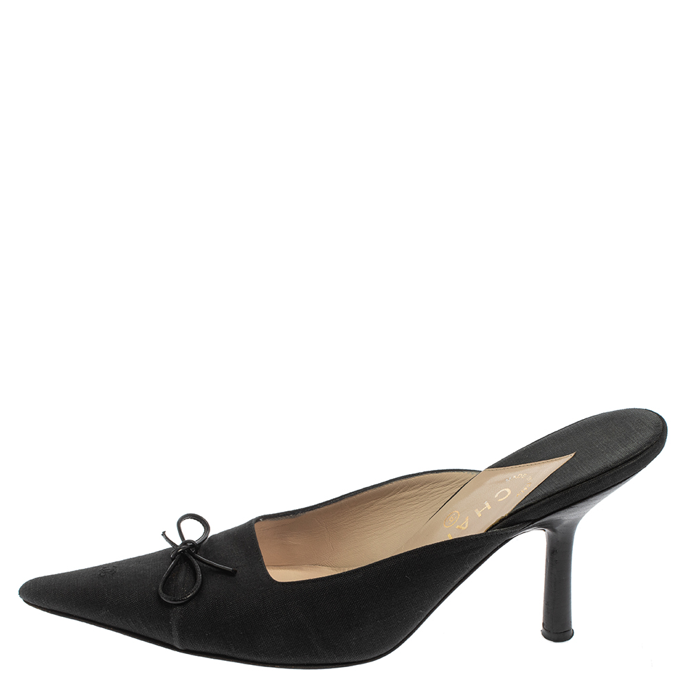 

Chanel Black Fabric CC Pointed Toe Mules Size