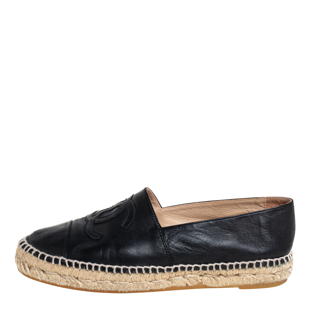 

Chanel Black Leather CC Cap Toe Flat Espadrilles Size