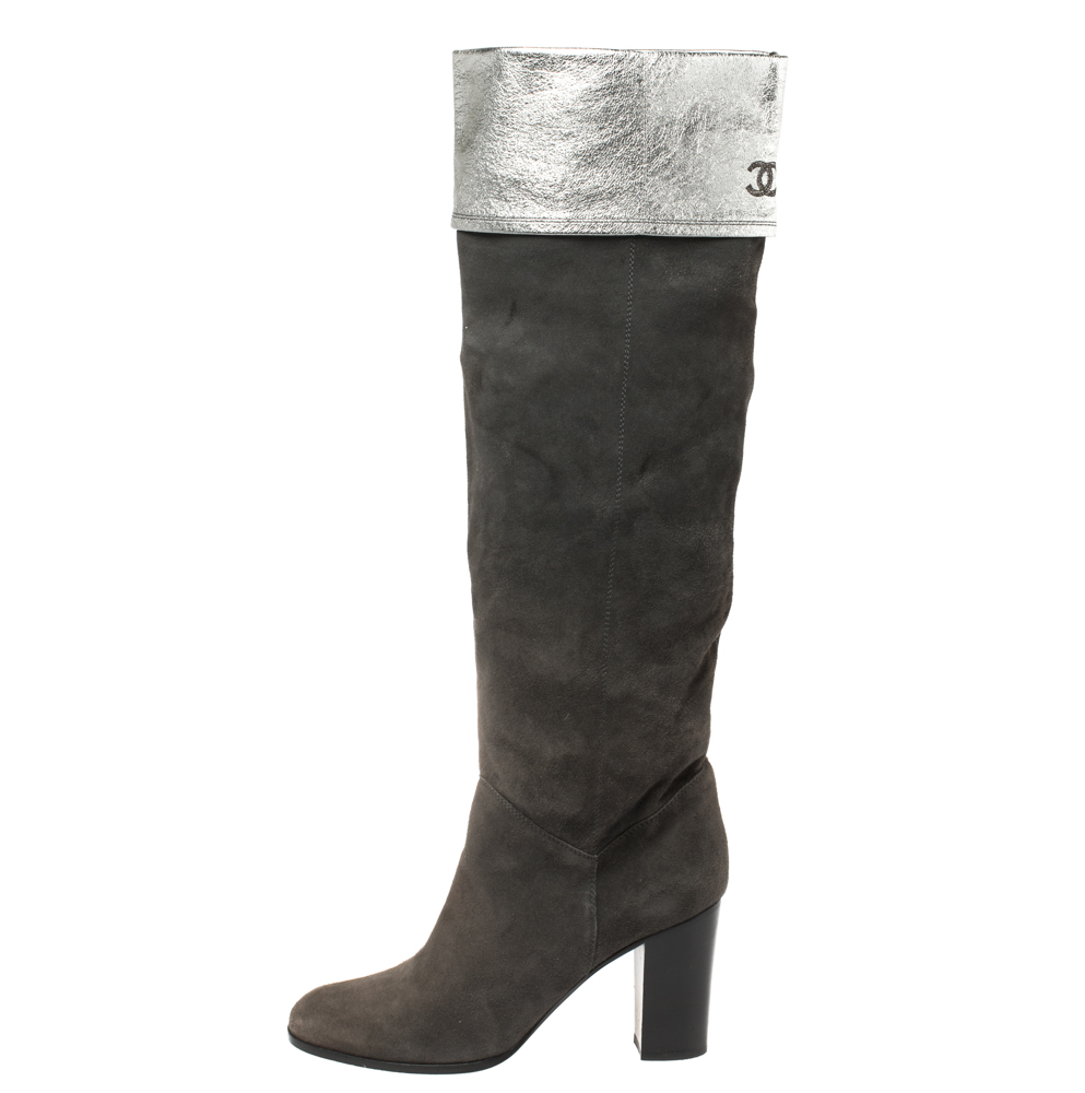 

Chanel Dark Grey Suede And Leather Knee Length Boots Size
