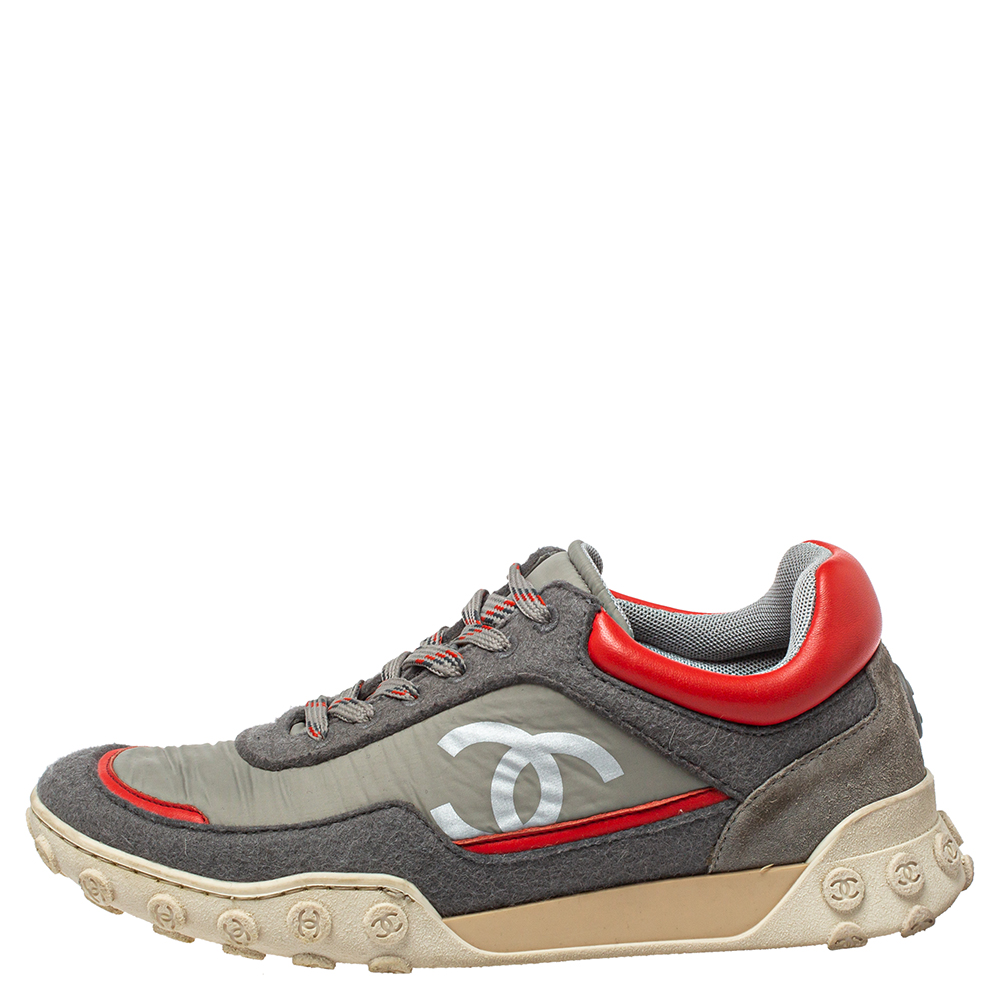 

Chanel Grey/Red Nylon And Wool Sport Luxe Low Top Sneaker Size