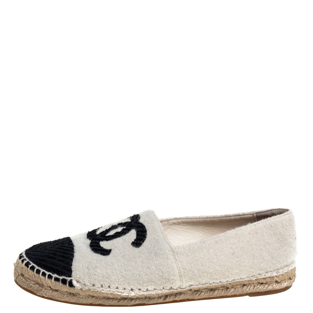 

Chanel White/Black Wool And Velvet CC Espadrille Flats Size