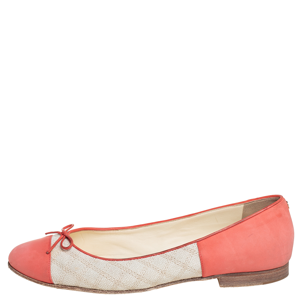 

Chanel Pink/White Nubuck Leather And Canvas CC Cap Toe Bow Ballet Flats Size