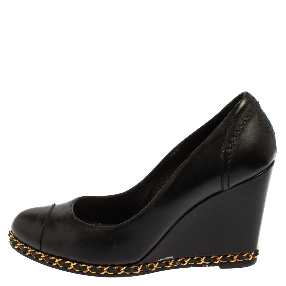 

Chanel Black Leather Chain Link Heel Wedges Size