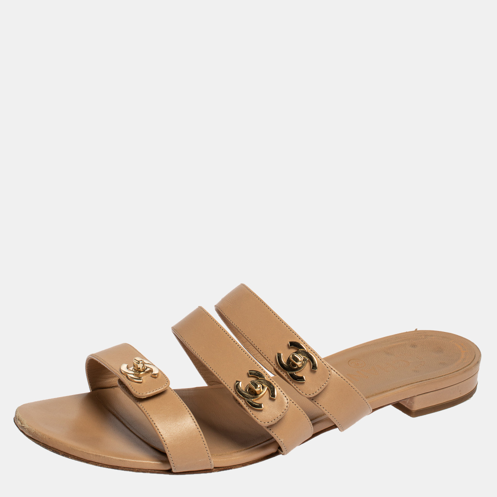 

Chanel Beige CC Turnlock Leather Triple Strap Flat Sandals Size