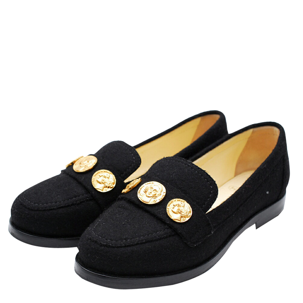 

Chanel Black Tweed Coin Loafers Size