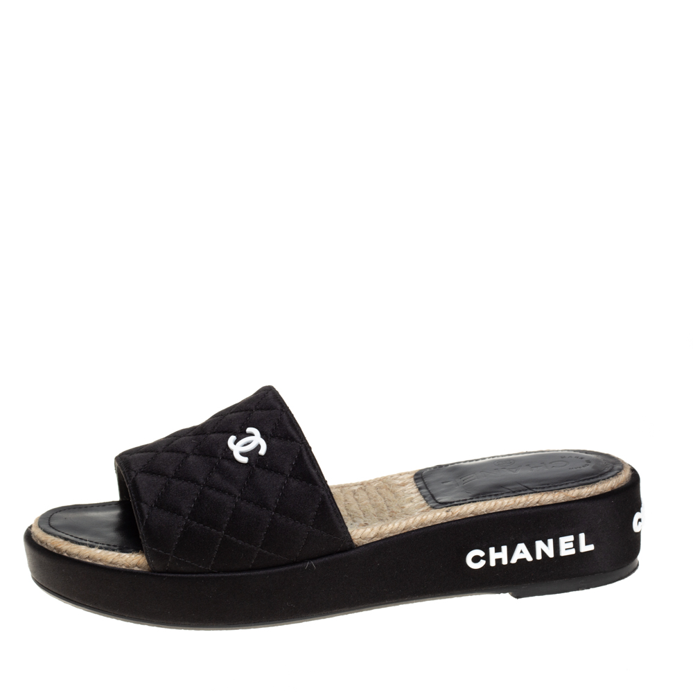 

Chanel Black Satin CC Espadrille Slide Sandals Size