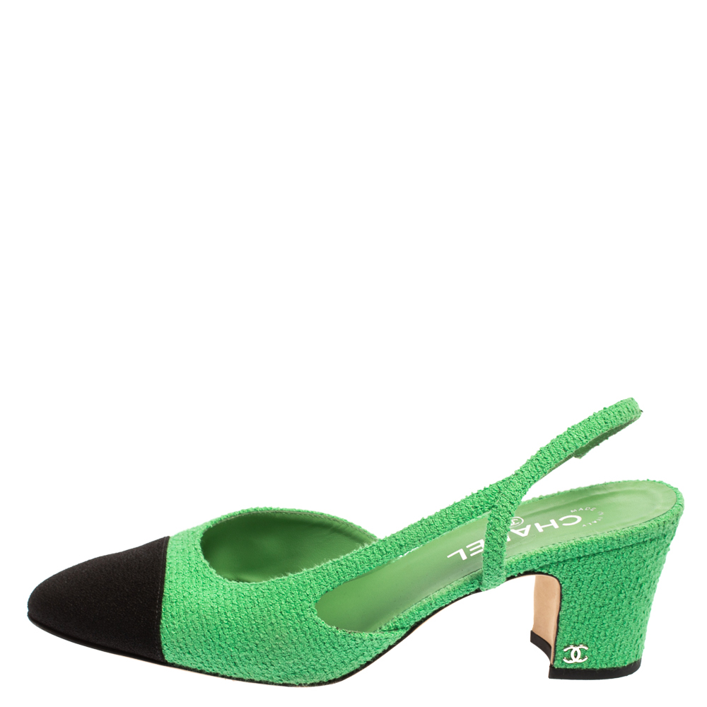 

Chanel Green/Black Fabric Cap Toe Slingback Sandals Size
