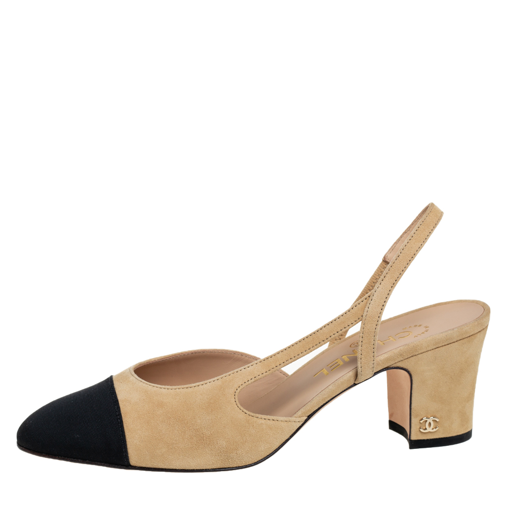 

Chanel Beige/Black Suede And Fabric Cap Toe Slingback Sandals Size