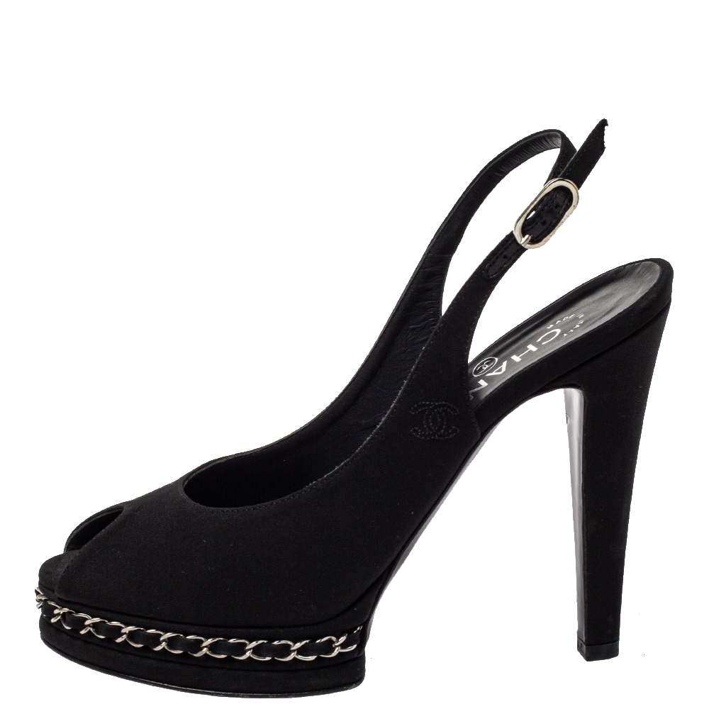 

Chanel Black Fabric Slingback Platform Sandals Size
