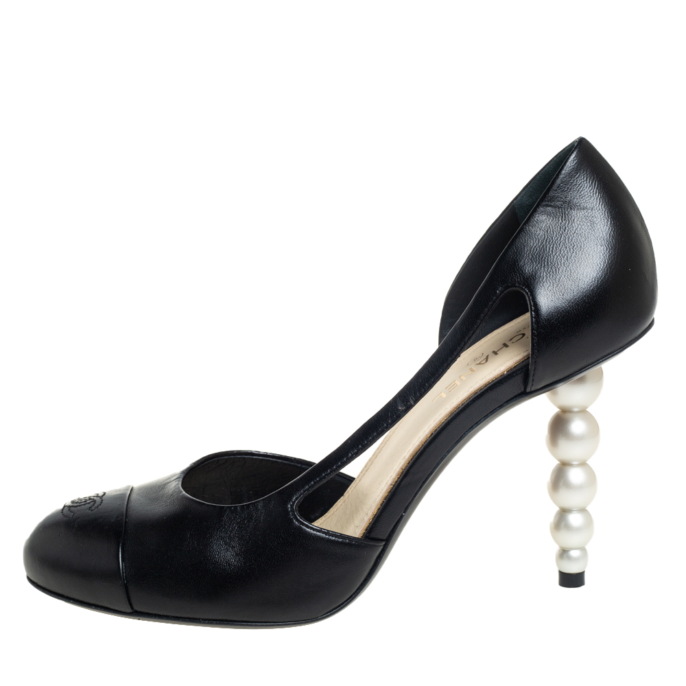 

Chanel Black Leather Pearl Embellishment Heel Dorsay Pumps Size
