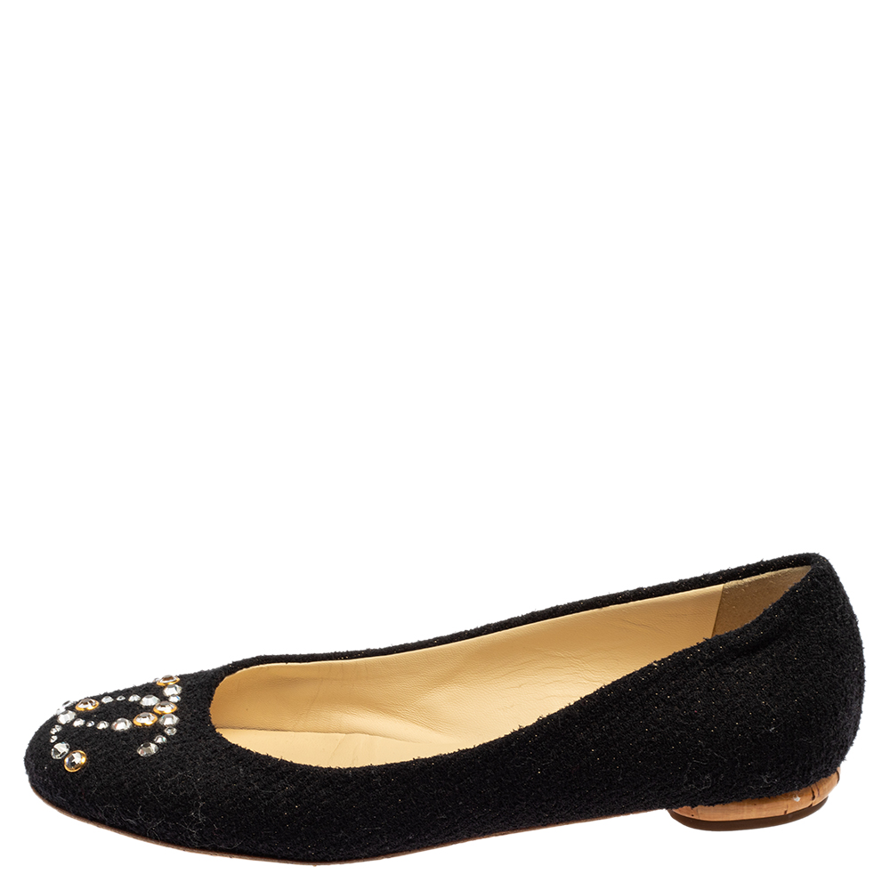 

Chanel Black Canvas Crystal Embellished Ballet Flats Size