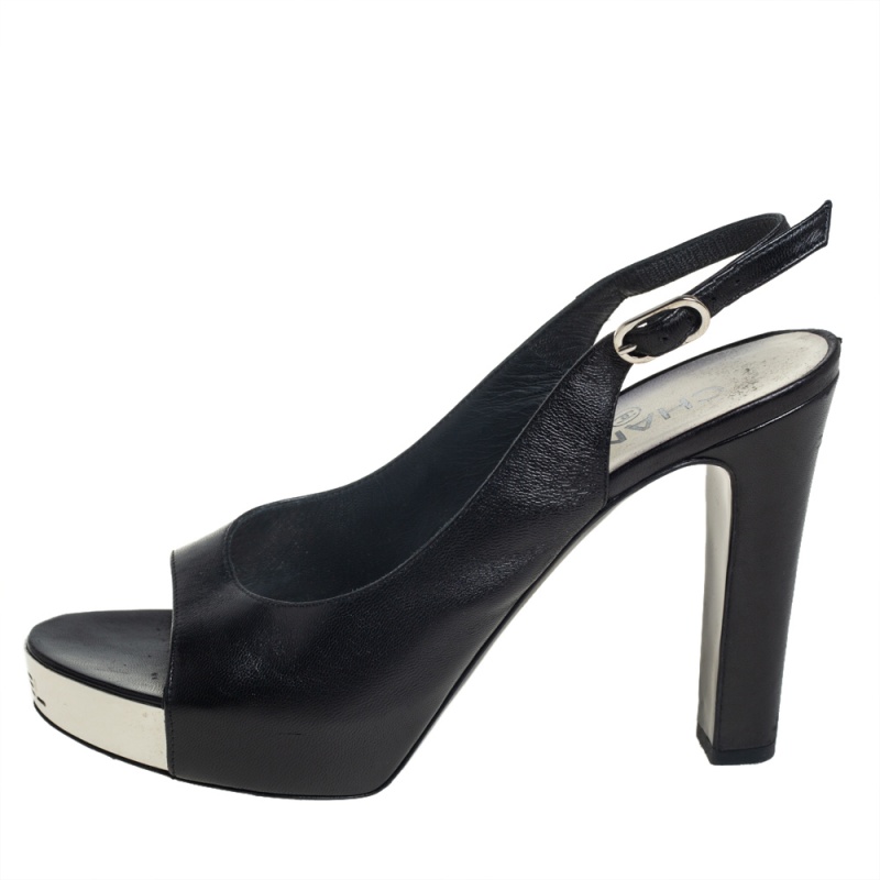 

Chanel Black Leather CC Peep Toe Platform Slingback Sandals Size