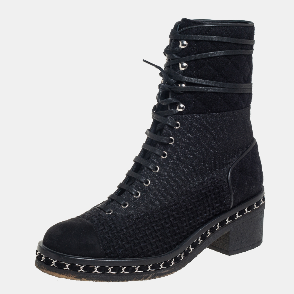 

Chanel Black Tweed And Suede Combat Boots Size