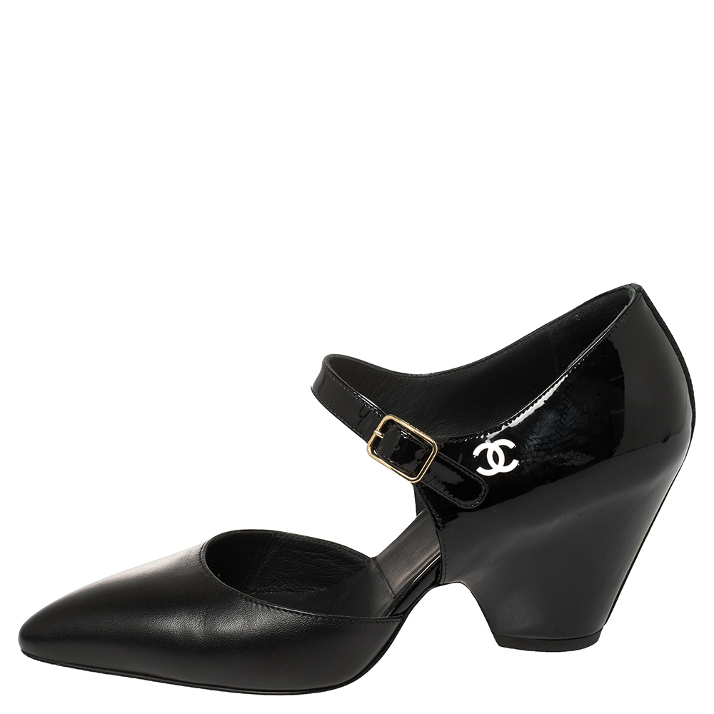 

Chanel Black Leather Patent Leather D'orsay Ankle Strap Pumps Size