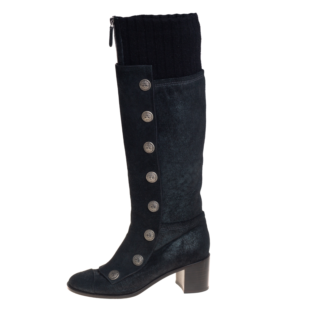

Chanel Black Suede And Knit Fabric Button Knee Length Boots Size