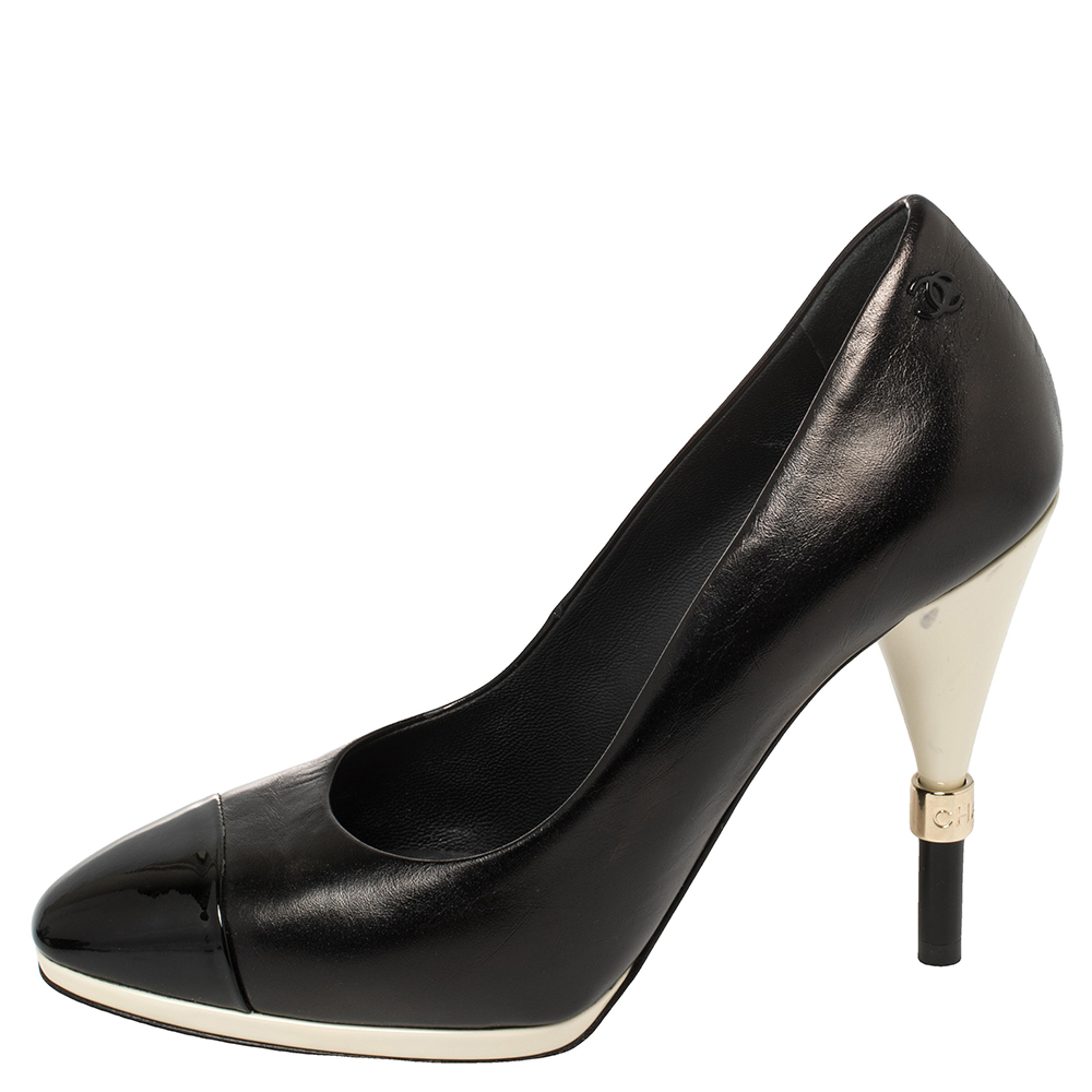 

Chanel Black Leather And Patent Leather CC Cap Toe Pumps Size