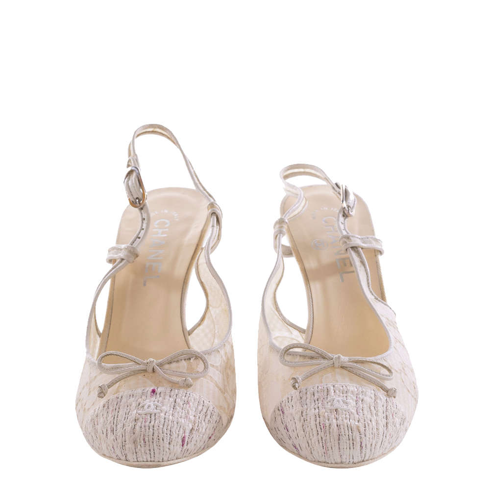 

Chanel White Floral Mesh Tweed Cap Toe Slingback Sandals Size