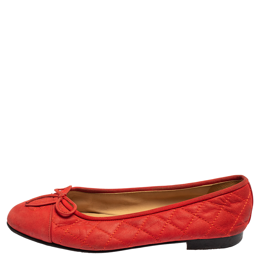 

Chanel Red Leather CC Cap Toe Bow Ballet Flats Size