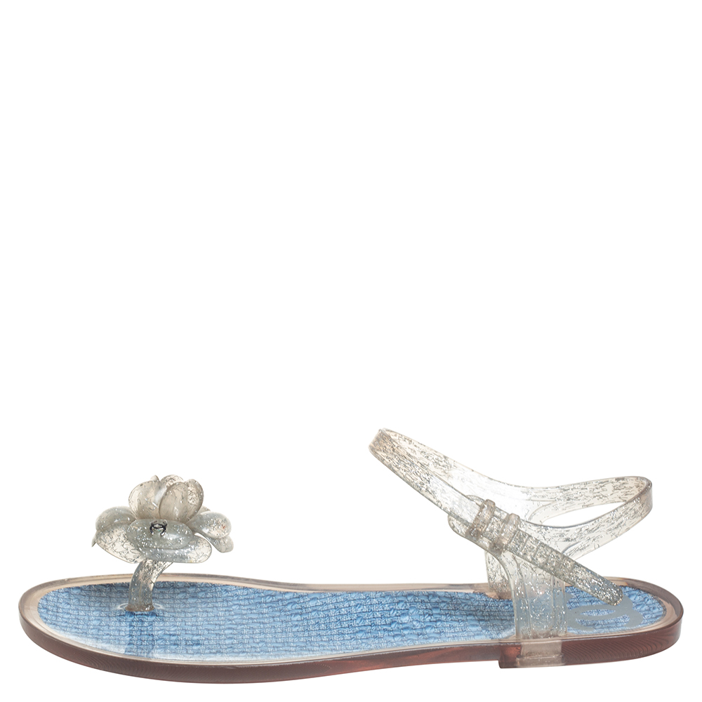 

Chanel Blue Rubber Camellia Sandals Size, White