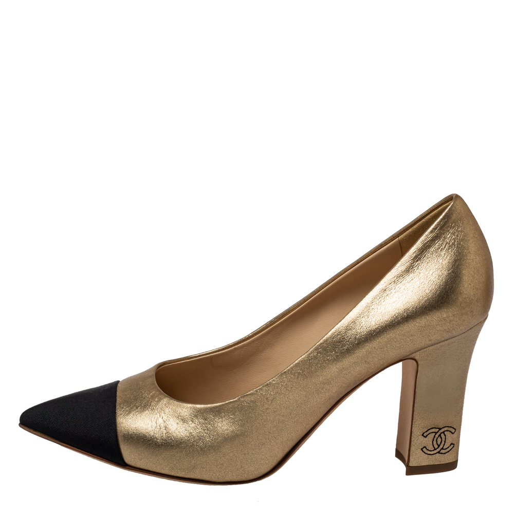

Chanel Two Tone Canvas and Leather Cap Toe Block Heel Pumps Size, Gold