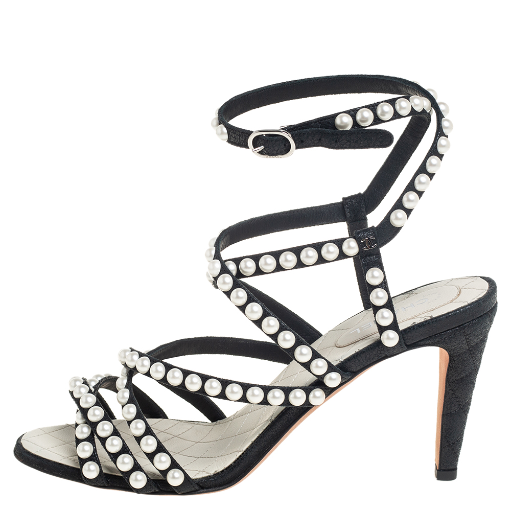 

Chanel Black Leather Faux Pearl Embellished Strappy Sandals Size