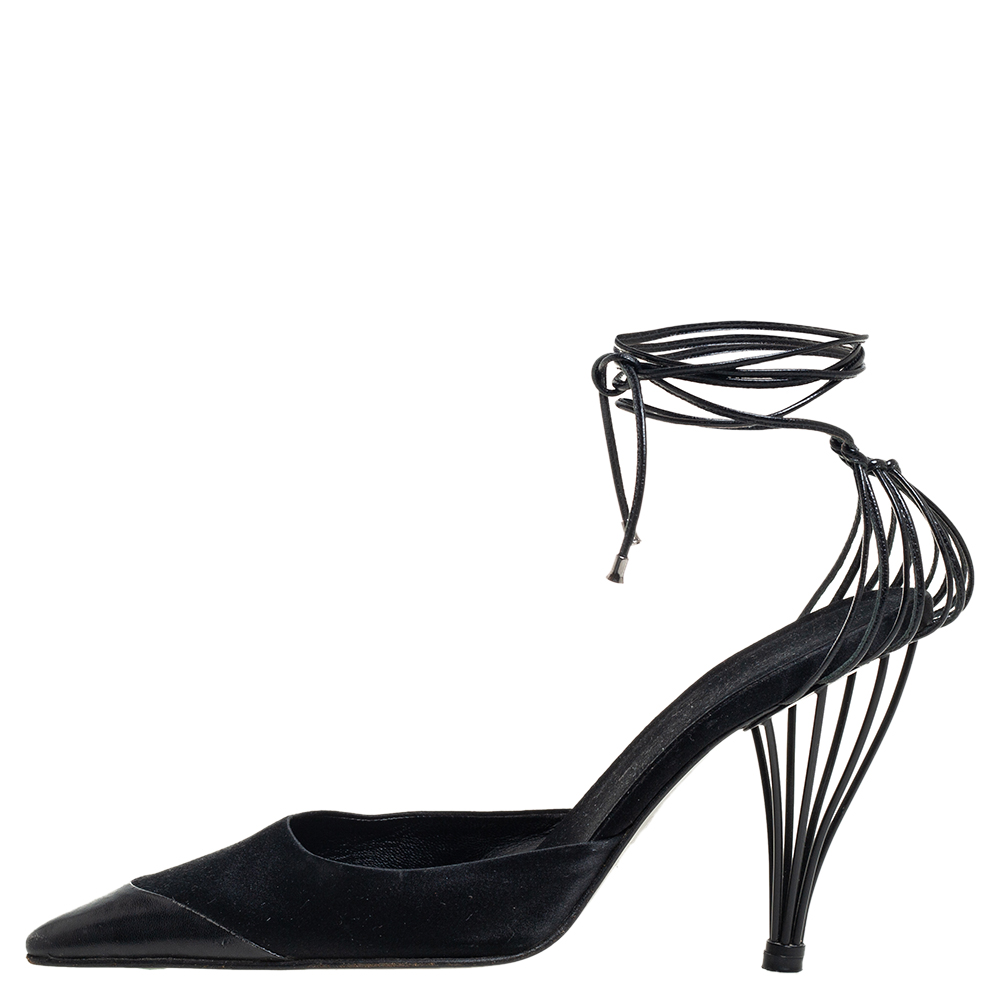 

Chanel Black Satin And Leather Cap Toe Ankle Strap Pumps Size