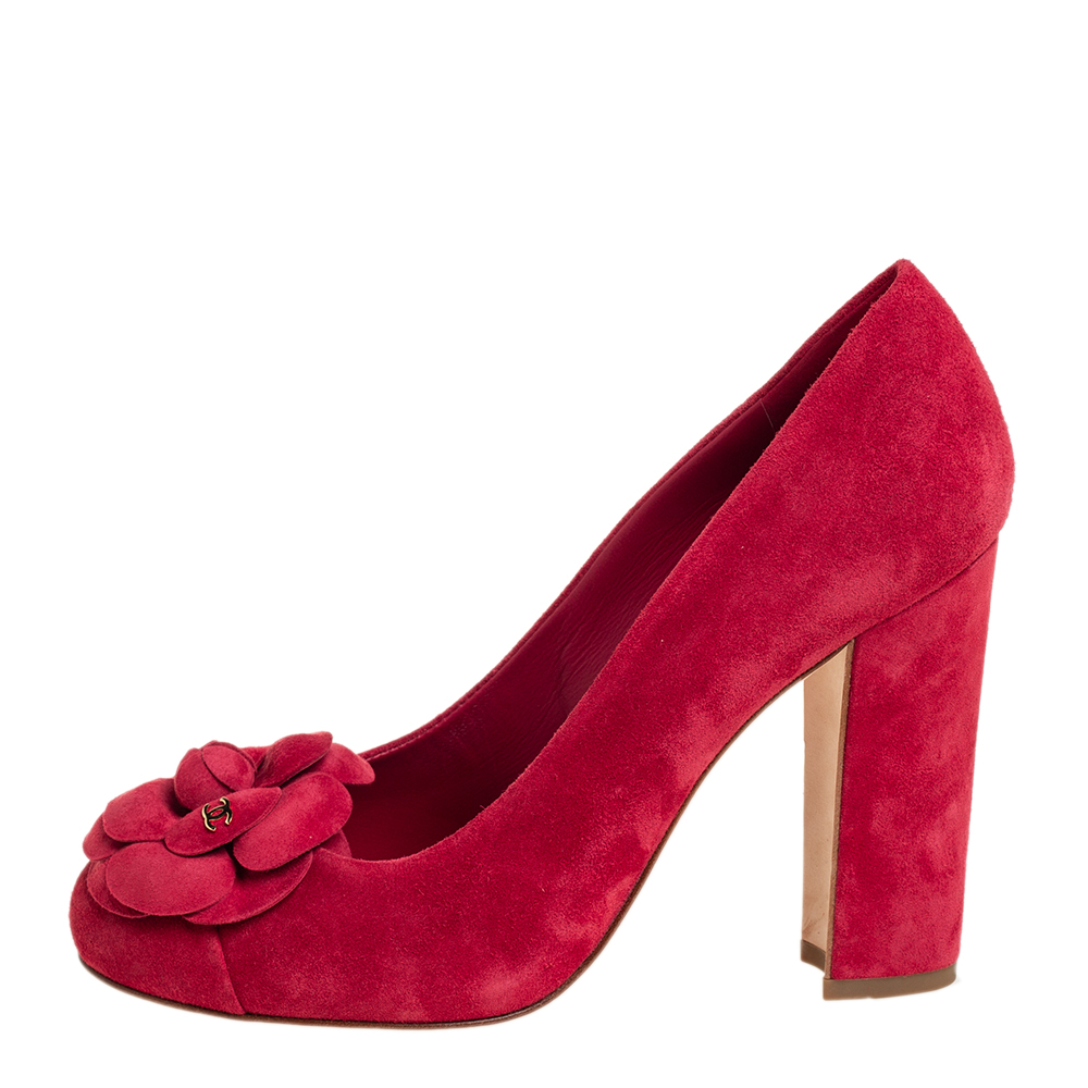 

Chanel Red Suede Camellia CC Block Heel Pumps Size