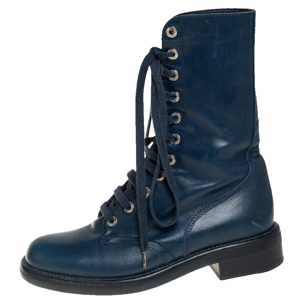 

Chanel Blue Leather Combat Lace Up Mid Calf Boots Size