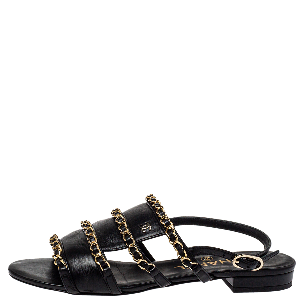 

Chanel Black Leather Chain Slingback Sandals Size