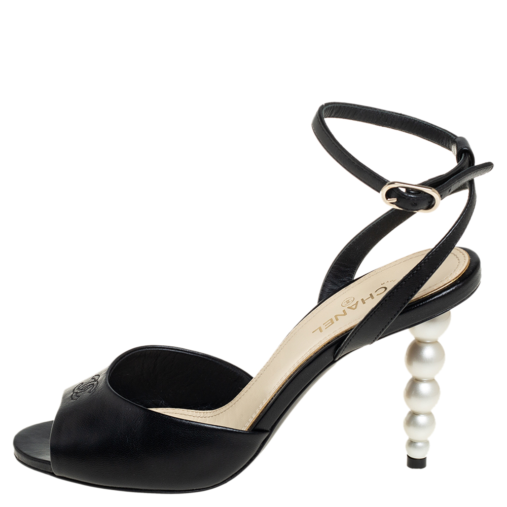 

Chanel Black Leather Pearl Heel Sandals Size