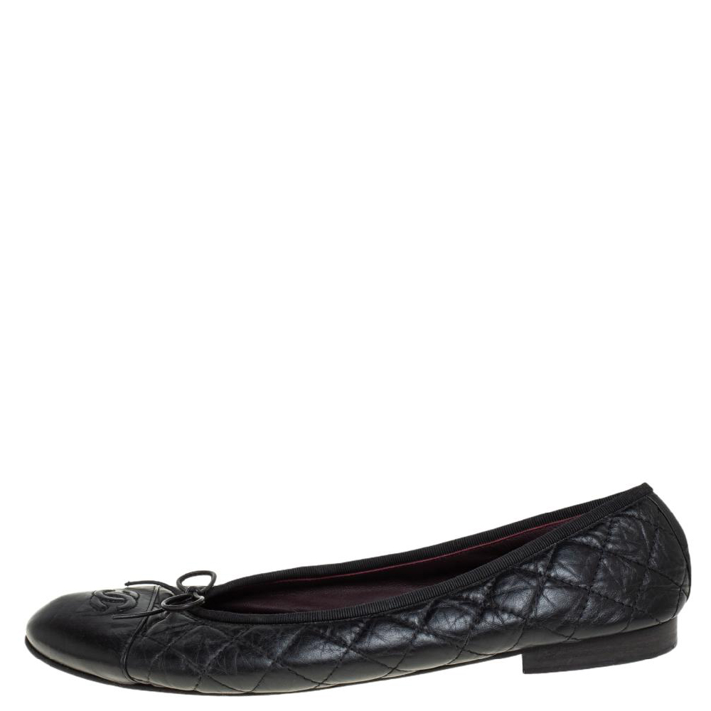 

Chanel Black Quilted Leather Bow CC Cap Toe Ballet Flats Size