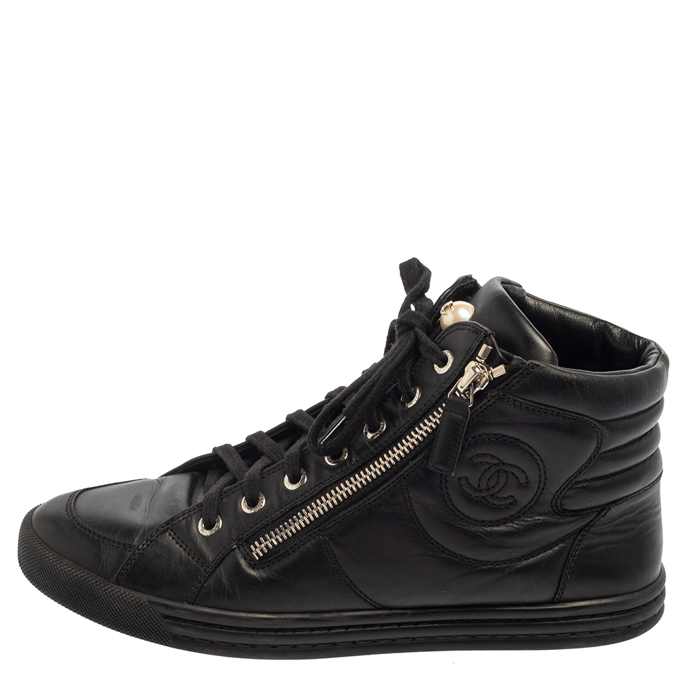 

Chanel Black Leather CC High Top Sneakers Size